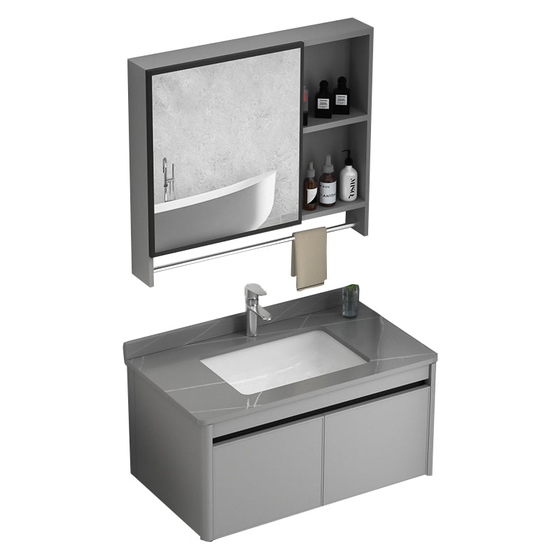 Wall Mount Bathroom Vanity Modern Metal Base Rectangular Single Vanity Set Vanity & Faucet & Mirror Cabinet 31.5"L x 18.5"W x 17.7"H Gray Clearhalo 'Bathroom Remodel & Bathroom Fixtures' 'Bathroom Vanities' 'bathroom_vanities' 'Home Improvement' 'home_improvement' 'home_improvement_bathroom_vanities' 7519156
