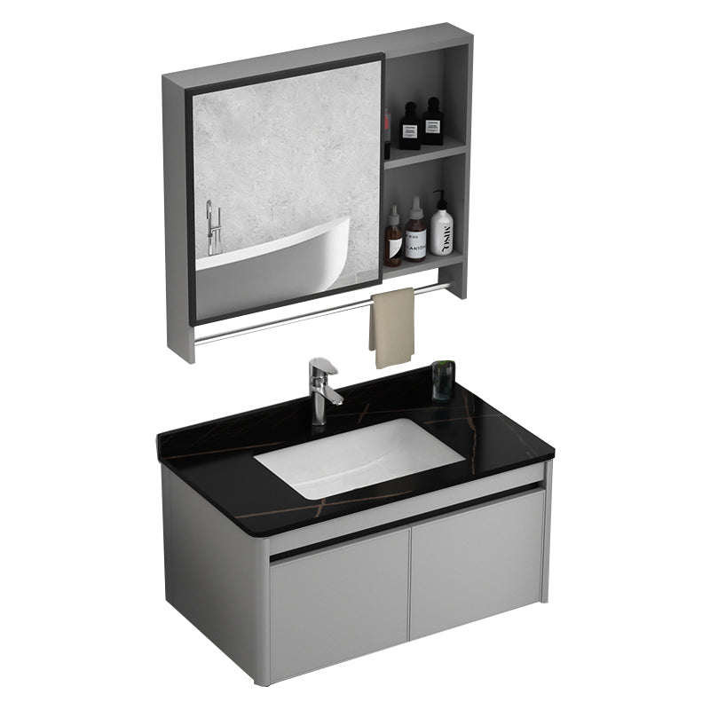 Wall Mount Bathroom Vanity Modern Metal Base Rectangular Single Vanity Set Vanity & Faucet & Mirror Cabinet 31.5"L x 18.5"W x 17.7"H Black Clearhalo 'Bathroom Remodel & Bathroom Fixtures' 'Bathroom Vanities' 'bathroom_vanities' 'Home Improvement' 'home_improvement' 'home_improvement_bathroom_vanities' 7519162