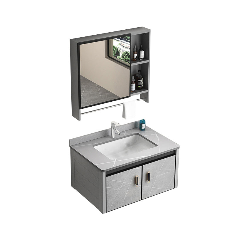 Modern Vanity Rectangular Gray Single Wall Mount Metal Vanity Set Vanity & Faucet & Mirror Cabinet 28"L x 19"W x 16"H Clearhalo 'Bathroom Remodel & Bathroom Fixtures' 'Bathroom Vanities' 'bathroom_vanities' 'Home Improvement' 'home_improvement' 'home_improvement_bathroom_vanities' 7519340