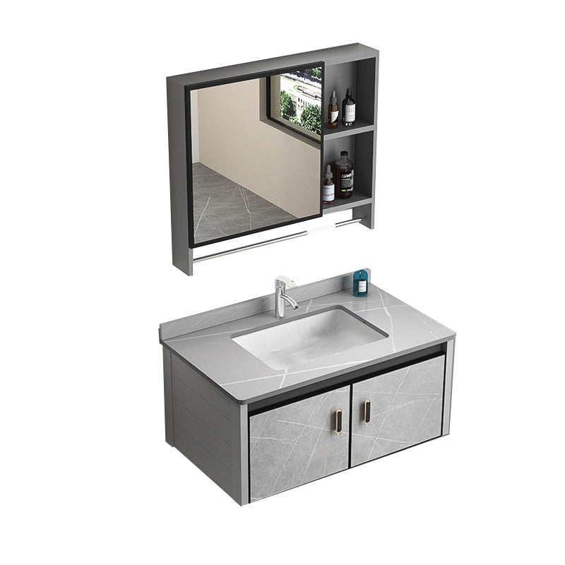 Modern Vanity Rectangular Gray Single Wall Mount Metal Vanity Set Vanity & Faucet & Mirror Cabinet 31"L x 19"W x 16"H Clearhalo 'Bathroom Remodel & Bathroom Fixtures' 'Bathroom Vanities' 'bathroom_vanities' 'Home Improvement' 'home_improvement' 'home_improvement_bathroom_vanities' 7519345