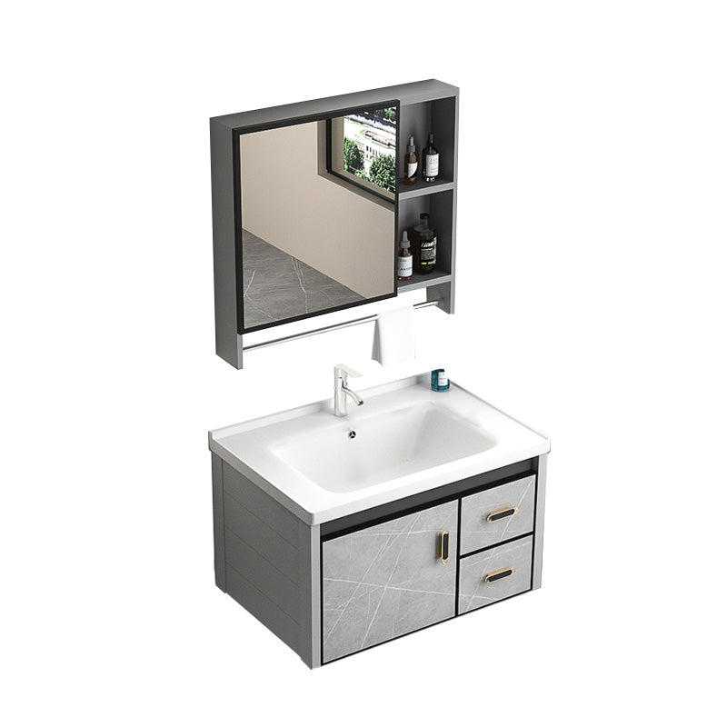 Modern Vanity Rectangular Gray Single Wall Mount Metal Vanity Set Vanity & Faucet & Mirror Cabinet 28"L x 19"W x 18"H Clearhalo 'Bathroom Remodel & Bathroom Fixtures' 'Bathroom Vanities' 'bathroom_vanities' 'Home Improvement' 'home_improvement' 'home_improvement_bathroom_vanities' 7519362