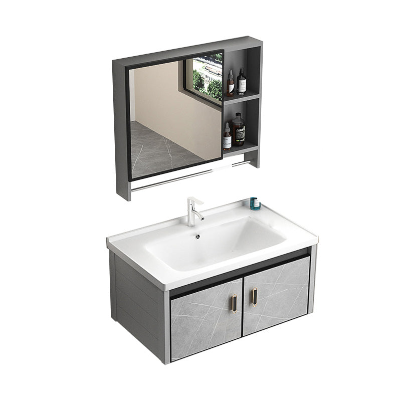 Modern Vanity Rectangular Gray Single Wall Mount Metal Vanity Set Vanity & Faucet & Mirror Cabinet 32"L x 19"W x 16"H Clearhalo 'Bathroom Remodel & Bathroom Fixtures' 'Bathroom Vanities' 'bathroom_vanities' 'Home Improvement' 'home_improvement' 'home_improvement_bathroom_vanities' 7519363