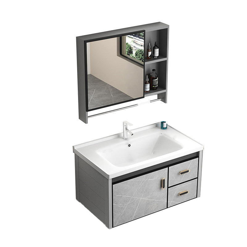 Modern Vanity Rectangular Gray Single Wall Mount Metal Vanity Set Vanity & Faucet & Mirror Cabinet 32"L x 19"W x 18"H Clearhalo 'Bathroom Remodel & Bathroom Fixtures' 'Bathroom Vanities' 'bathroom_vanities' 'Home Improvement' 'home_improvement' 'home_improvement_bathroom_vanities' 7519364