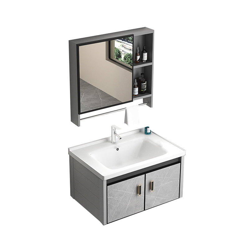 Modern Vanity Rectangular Gray Single Wall Mount Metal Vanity Set Vanity & Faucet & Mirror Cabinet 28"L x 19"W x 16"H Clearhalo 'Bathroom Remodel & Bathroom Fixtures' 'Bathroom Vanities' 'bathroom_vanities' 'Home Improvement' 'home_improvement' 'home_improvement_bathroom_vanities' 7519365