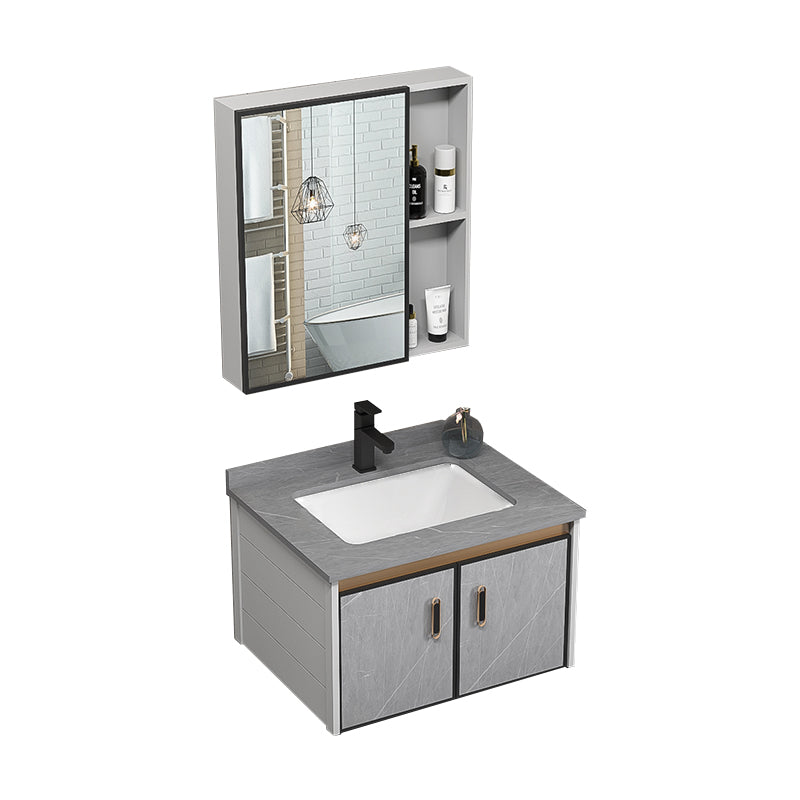 Single Bathroom Vanity Glam Gray Metal Frame Rectangular Wall Mount Vanity Set Vanity & Faucet & Mirror Cabinet https: res.litfad.com site img item 2023 02 02 7539058 1200x1200.jpg Stone Clearhalo 'Bathroom Remodel & Bathroom Fixtures' 'Bathroom Vanities' 'bathroom_vanities' 'Home Improvement' 'home_improvement' 'home_improvement_bathroom_vanities' 7539058