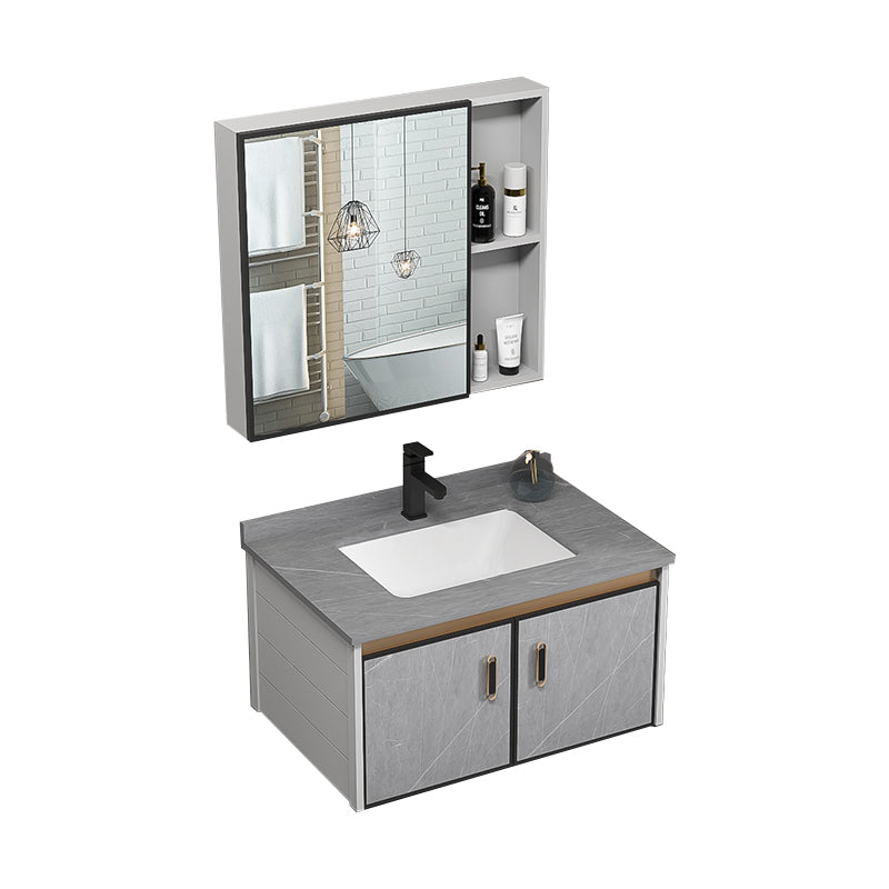 Single Bathroom Vanity Glam Gray Metal Frame Rectangular Wall Mount Vanity Set Vanity & Faucet & Mirror Cabinet https: res.litfad.com site img item 2023 02 19 7539073 1200x1200.jpg Stone Clearhalo 'Bathroom Remodel & Bathroom Fixtures' 'Bathroom Vanities' 'bathroom_vanities' 'Home Improvement' 'home_improvement' 'home_improvement_bathroom_vanities' 7539059