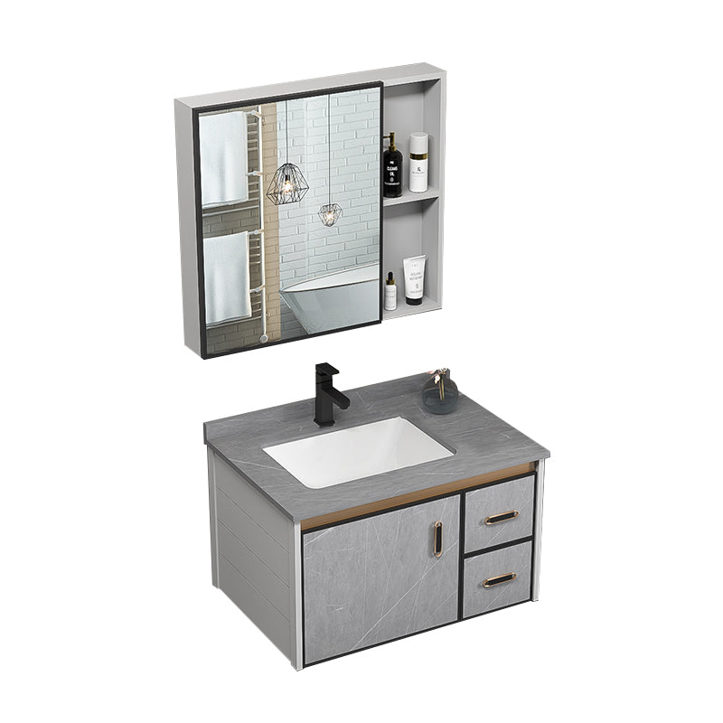 Single Bathroom Vanity Glam Gray Metal Frame Rectangular Wall Mount Vanity Set Vanity & Faucet & Mirror Cabinet https: res.litfad.com site img item 2023 02 13 7539075 1200x1200.jpg Stone Clearhalo 'Bathroom Remodel & Bathroom Fixtures' 'Bathroom Vanities' 'bathroom_vanities' 'Home Improvement' 'home_improvement' 'home_improvement_bathroom_vanities' 7539062