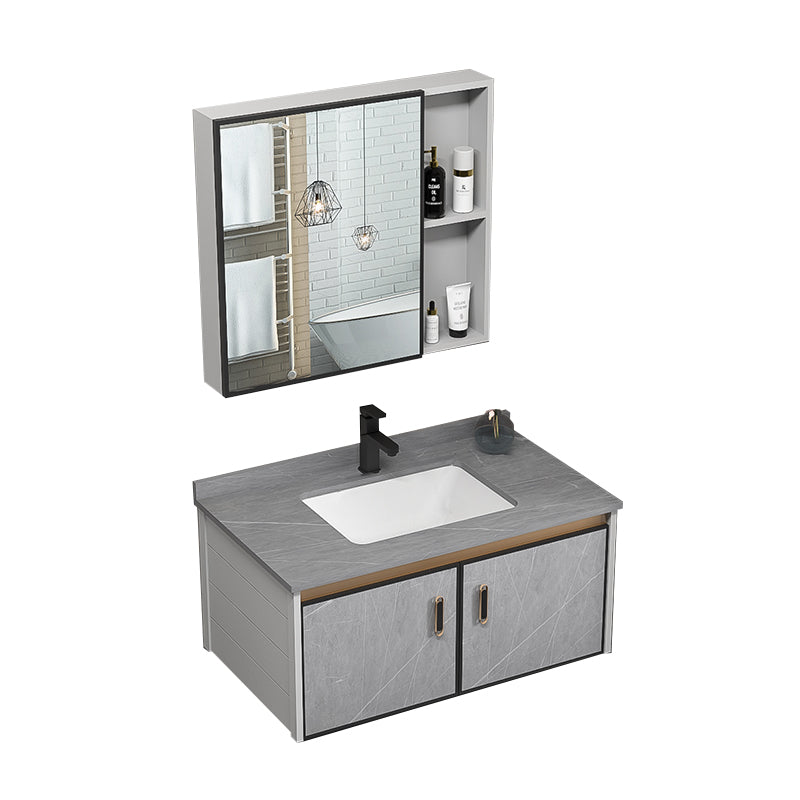 Single Bathroom Vanity Glam Gray Metal Frame Rectangular Wall Mount Vanity Set Vanity & Faucet & Mirror Cabinet https: res.litfad.com site img item 2023 02 02 7539077 1200x1200.jpg Stone Clearhalo 'Bathroom Remodel & Bathroom Fixtures' 'Bathroom Vanities' 'bathroom_vanities' 'Home Improvement' 'home_improvement' 'home_improvement_bathroom_vanities' 7539063
