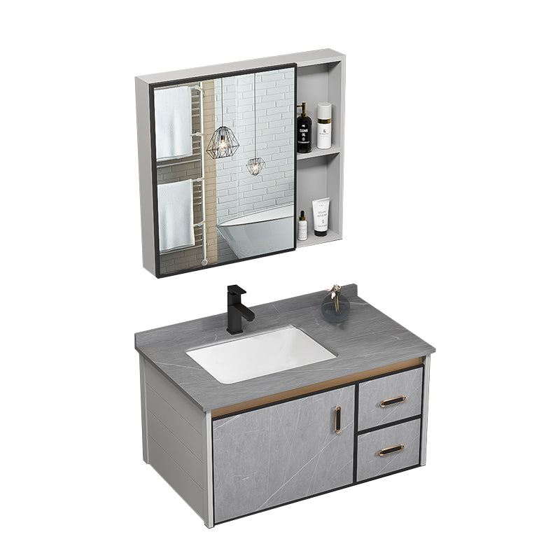 Single Bathroom Vanity Glam Gray Metal Frame Rectangular Wall Mount Vanity Set Vanity & Faucet & Mirror Cabinet https: res.litfad.com site img item 2023 02 12 7539078 1200x1200.jpg Stone Clearhalo 'Bathroom Remodel & Bathroom Fixtures' 'Bathroom Vanities' 'bathroom_vanities' 'Home Improvement' 'home_improvement' 'home_improvement_bathroom_vanities' 7539066