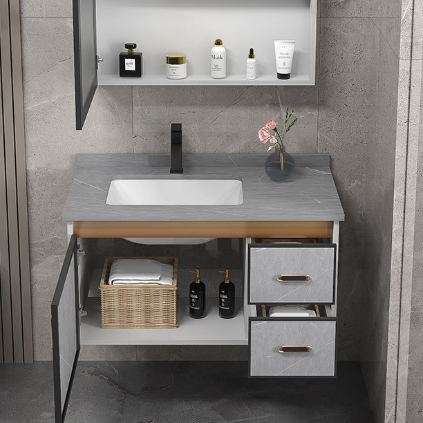 Single Bathroom Vanity Glam Gray Metal Frame Rectangular Wall Mount Vanity Set Clearhalo 'Bathroom Remodel & Bathroom Fixtures' 'Bathroom Vanities' 'bathroom_vanities' 'Home Improvement' 'home_improvement' 'home_improvement_bathroom_vanities' 7539067