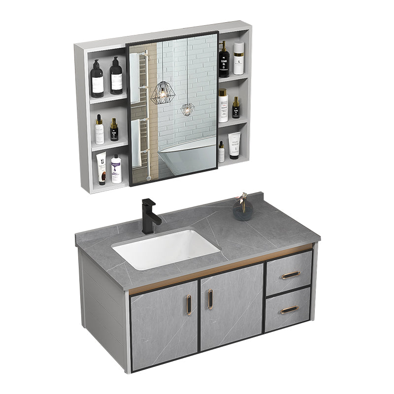 Single Bathroom Vanity Glam Gray Metal Frame Rectangular Wall Mount Vanity Set Vanity & Faucet & Mirror Cabinet https: res.litfad.com site img item 2023 02 22 7539079 1200x1200.jpg Stone Clearhalo 'Bathroom Remodel & Bathroom Fixtures' 'Bathroom Vanities' 'bathroom_vanities' 'Home Improvement' 'home_improvement' 'home_improvement_bathroom_vanities' 7539068