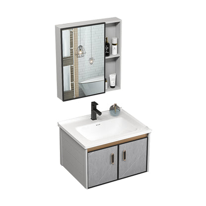 Single Bathroom Vanity Glam Gray Metal Frame Rectangular Wall Mount Vanity Set Vanity & Faucet & Mirror Cabinet https: res.litfad.com site img item 2023 02 14 7539069 1200x1200.jpg Ceramic Clearhalo 'Bathroom Remodel & Bathroom Fixtures' 'Bathroom Vanities' 'bathroom_vanities' 'Home Improvement' 'home_improvement' 'home_improvement_bathroom_vanities' 7539069