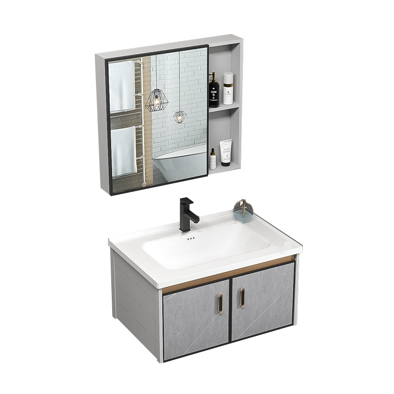 Single Bathroom Vanity Glam Gray Metal Frame Rectangular Wall Mount Vanity Set Vanity & Faucet & Mirror Cabinet https: res.litfad.com site img item 2023 02 19 7539073 1200x1200.jpg Ceramic Clearhalo 'Bathroom Remodel & Bathroom Fixtures' 'Bathroom Vanities' 'bathroom_vanities' 'Home Improvement' 'home_improvement' 'home_improvement_bathroom_vanities' 7539073