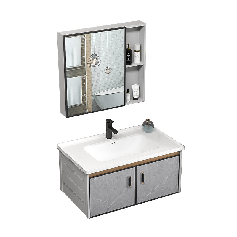Single Bathroom Vanity Glam Gray Metal Frame Rectangular Wall Mount Vanity Set Vanity & Faucet & Mirror Cabinet https: res.litfad.com site img item 2023 02 02 7539077 1200x1200.jpg Ceramic Clearhalo 'Bathroom Remodel & Bathroom Fixtures' 'Bathroom Vanities' 'bathroom_vanities' 'Home Improvement' 'home_improvement' 'home_improvement_bathroom_vanities' 7539077