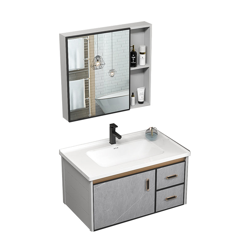 Single Bathroom Vanity Glam Gray Metal Frame Rectangular Wall Mount Vanity Set Vanity & Faucet & Mirror Cabinet https: res.litfad.com site img item 2023 02 12 7539078 1200x1200.jpg Ceramic Clearhalo 'Bathroom Remodel & Bathroom Fixtures' 'Bathroom Vanities' 'bathroom_vanities' 'Home Improvement' 'home_improvement' 'home_improvement_bathroom_vanities' 7539078