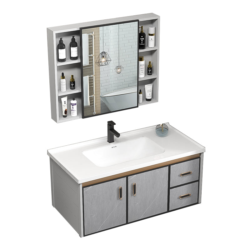 Single Bathroom Vanity Glam Gray Metal Frame Rectangular Wall Mount Vanity Set Vanity & Faucet & Mirror Cabinet https: res.litfad.com site img item 2023 02 22 7539079 1200x1200.jpg Ceramic Clearhalo 'Bathroom Remodel & Bathroom Fixtures' 'Bathroom Vanities' 'bathroom_vanities' 'Home Improvement' 'home_improvement' 'home_improvement_bathroom_vanities' 7539079