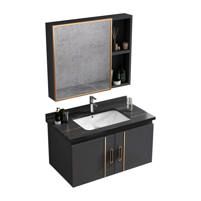 Rectangular Bathroom Vanity Modern Black Metal Frame Single Vanity Set Vanity & Faucet & Mirror Cabinet 28"L x 19"W x 16"H Clearhalo 'Bathroom Remodel & Bathroom Fixtures' 'Bathroom Vanities' 'bathroom_vanities' 'Home Improvement' 'home_improvement' 'home_improvement_bathroom_vanities' 7539102
