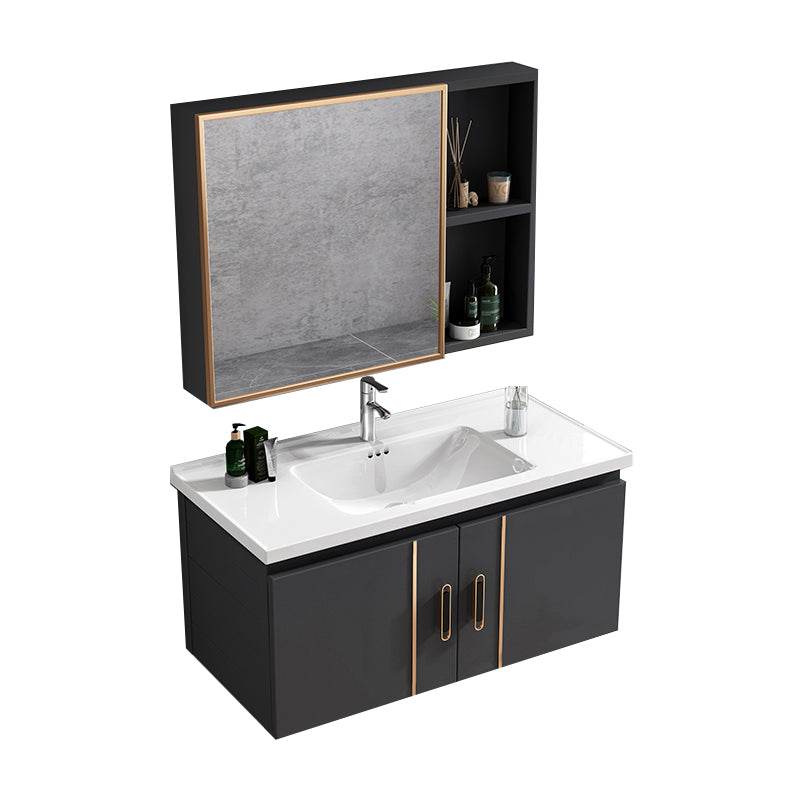 Rectangular Bathroom Vanity Modern Black Metal Frame Single Vanity Set Vanity & Faucet & Mirror Cabinet 32"L x 19"W x 16"H Clearhalo 'Bathroom Remodel & Bathroom Fixtures' 'Bathroom Vanities' 'bathroom_vanities' 'Home Improvement' 'home_improvement' 'home_improvement_bathroom_vanities' 7539114