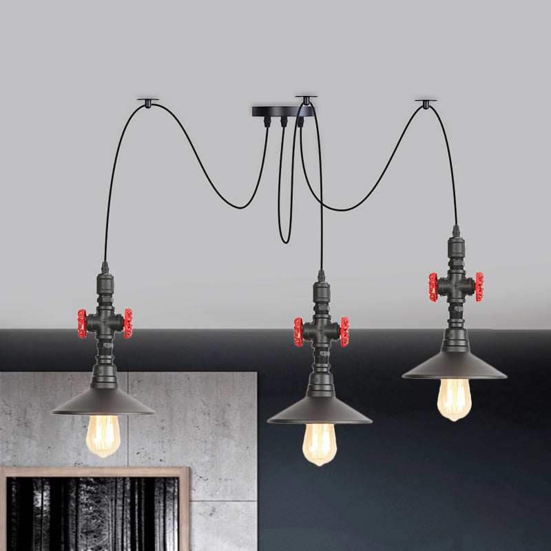 Iron Black Multi Light Chandelier Saucer 2/3/6 Heads Antiqued Swag Ceiling Pendant Lamp with Valve Decor Clearhalo 'Art Deco Pendants' 'Black' 'Cast Iron' 'Ceiling Lights' 'Ceramic' 'Crystal' 'Industrial Pendants' 'Industrial' 'Metal' 'Middle Century Pendants' 'Pendant Lights' 'Pendants' 'Rustic Pendants' 'Tiffany' Lighting' 753916