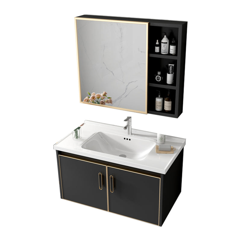 Glam Single Sink Vanity Metal Frame Rectangular Wall Mount Bath Vanity Vanity & Faucet & Mirror Cabinet https: res.litfad.com site img item 2023 02 13 7539188 1200x1200.jpg Black Clearhalo 'Bathroom Remodel & Bathroom Fixtures' 'Bathroom Vanities' 'bathroom_vanities' 'Home Improvement' 'home_improvement' 'home_improvement_bathroom_vanities' 7539188