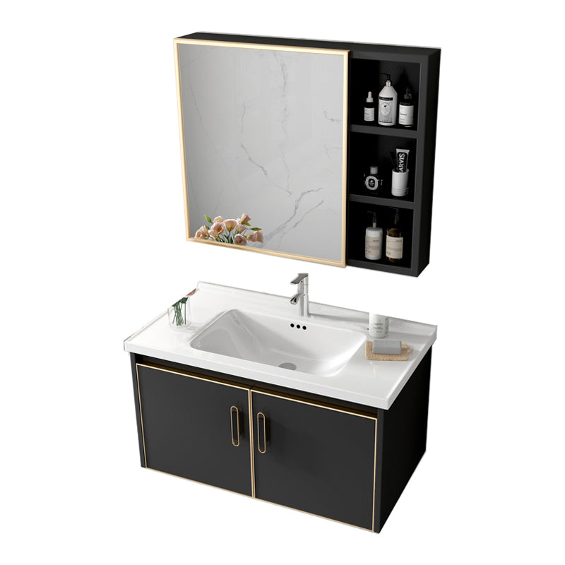 Glam Single Sink Vanity Metal Frame Rectangular Wall Mount Bath Vanity Vanity & Faucet & Mirror Cabinet https: res.litfad.com site img item 2023 02 13 1200x1200.jpg Black Clearhalo 'Bathroom Remodel & Bathroom Fixtures' 'Bathroom Vanities' 'bathroom_vanities' 'Home Improvement' 'home_improvement' 'home_improvement_bathroom_vanities' 7539193