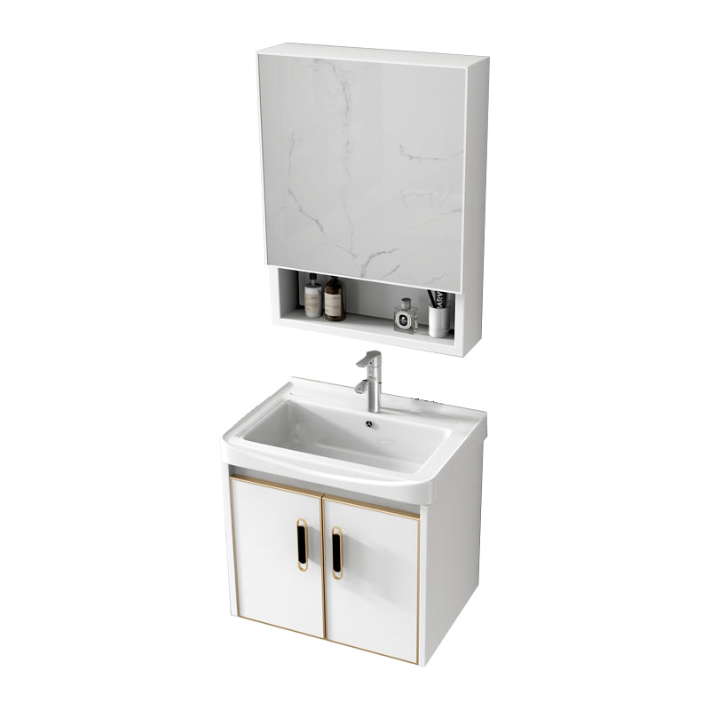 Glam Single Sink Vanity Metal Frame Rectangular Wall Mount Bath Vanity Vanity & Faucet & Mirror Cabinet https: res.litfad.com site img item 2023 02 10 7539202 1200x1200.jpg White Clearhalo 'Bathroom Remodel & Bathroom Fixtures' 'Bathroom Vanities' 'bathroom_vanities' 'Home Improvement' 'home_improvement' 'home_improvement_bathroom_vanities' 7539197