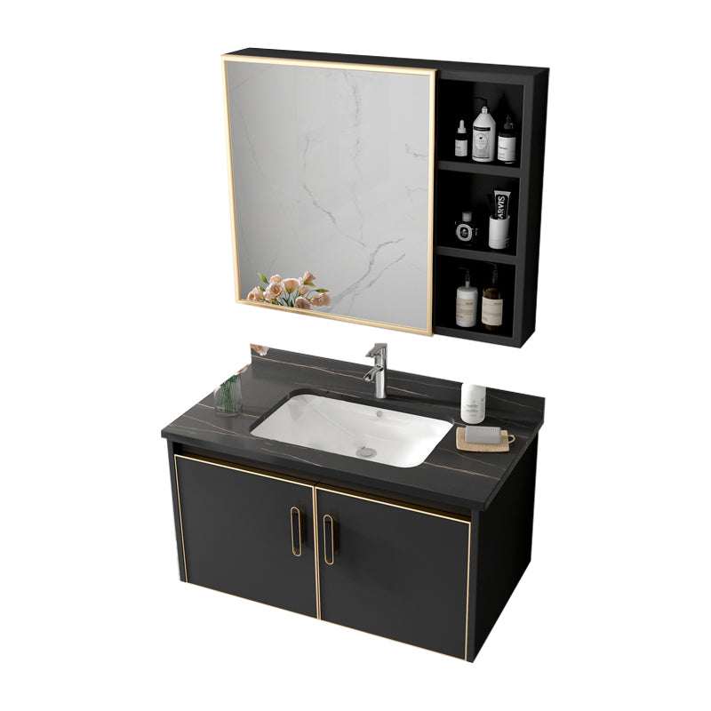 Glam Single Sink Vanity Metal Frame Rectangular Wall Mount Bath Vanity Vanity & Faucet & Mirror Cabinet https: res.litfad.com site img item 2023 02 21 7539198 1200x1200.jpg Black Clearhalo 'Bathroom Remodel & Bathroom Fixtures' 'Bathroom Vanities' 'bathroom_vanities' 'Home Improvement' 'home_improvement' 'home_improvement_bathroom_vanities' 7539198