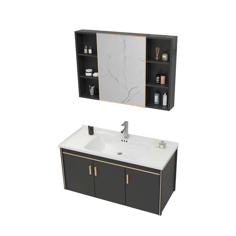 Glam Single Sink Vanity Metal Frame Rectangular Wall Mount Bath Vanity Vanity & Faucet & Mirror Cabinet https: res.litfad.com site img item 2023 02 06 7539199 1200x1200.jpg Black Clearhalo 'Bathroom Remodel & Bathroom Fixtures' 'Bathroom Vanities' 'bathroom_vanities' 'Home Improvement' 'home_improvement' 'home_improvement_bathroom_vanities' 7539199