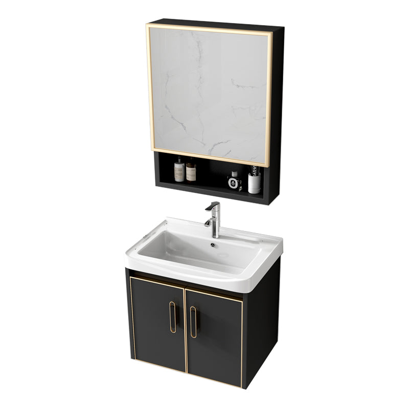 Glam Single Sink Vanity Metal Frame Rectangular Wall Mount Bath Vanity Vanity & Faucet & Mirror Cabinet https: res.litfad.com site img item 2023 02 10 7539202 1200x1200.jpg Black Clearhalo 'Bathroom Remodel & Bathroom Fixtures' 'Bathroom Vanities' 'bathroom_vanities' 'Home Improvement' 'home_improvement' 'home_improvement_bathroom_vanities' 7539202