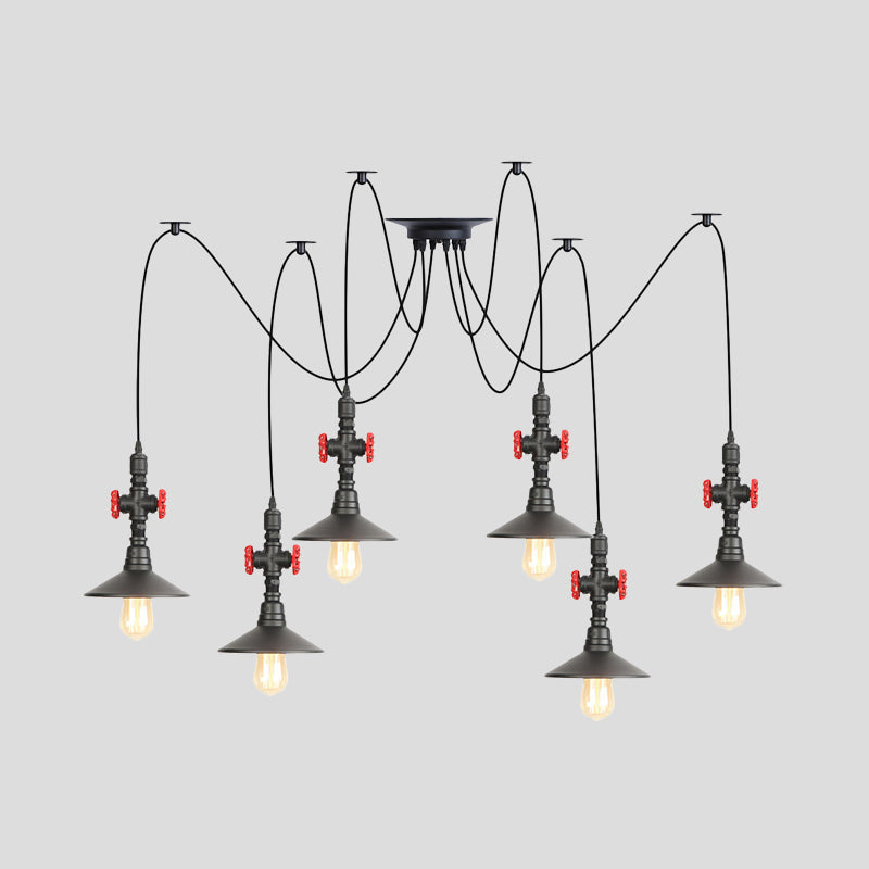 Iron Black Multi Light Chandelier Saucer 2/3/6 Heads Antiqued Swag Ceiling Pendant Lamp with Valve Decor Clearhalo 'Art Deco Pendants' 'Black' 'Cast Iron' 'Ceiling Lights' 'Ceramic' 'Crystal' 'Industrial Pendants' 'Industrial' 'Metal' 'Middle Century Pendants' 'Pendant Lights' 'Pendants' 'Rustic Pendants' 'Tiffany' Lighting' 753923