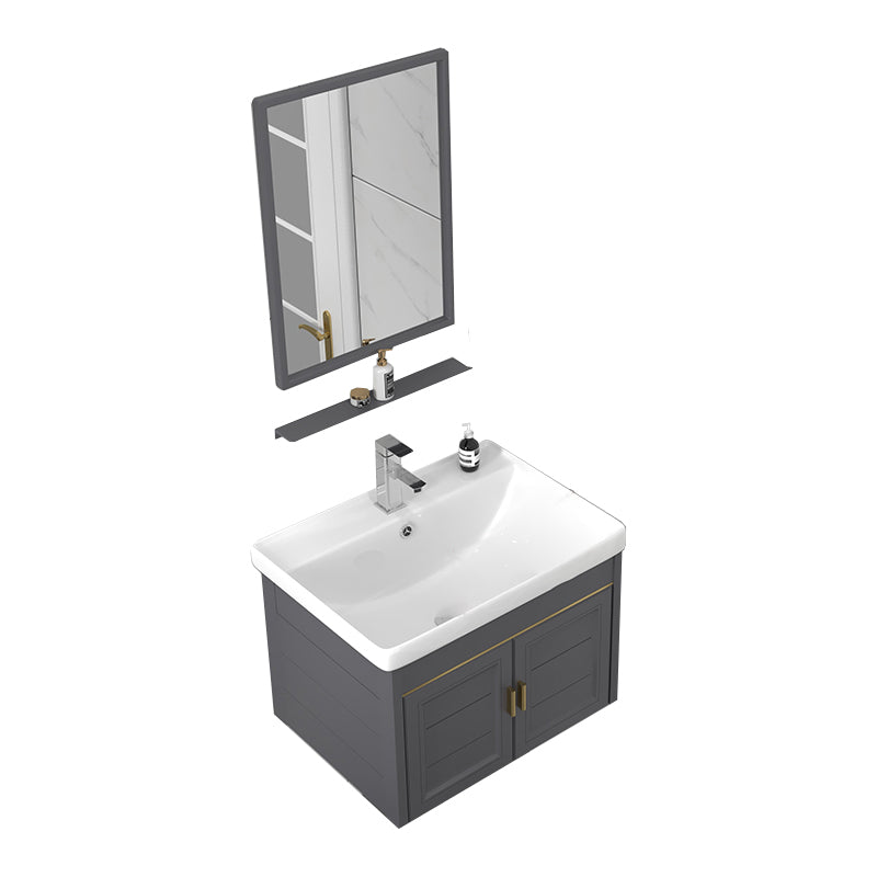 Rectangular Glam Bathroom Vanity Ceramic Top Single-Sink Wall Mount Vanity Set Vanity & Faucet & Mirrors 24"L x 19"W x 17"H Gray Clearhalo 'Bathroom Remodel & Bathroom Fixtures' 'Bathroom Vanities' 'bathroom_vanities' 'Home Improvement' 'home_improvement' 'home_improvement_bathroom_vanities' 7539236