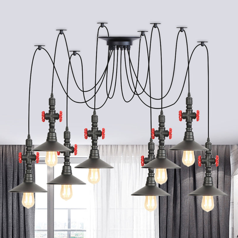 Iron Black Multi Light Chandelier Saucer 2/3/6 Heads Antiqued Swag Ceiling Pendant Lamp with Valve Decor 8 Black Clearhalo 'Art Deco Pendants' 'Black' 'Cast Iron' 'Ceiling Lights' 'Ceramic' 'Crystal' 'Industrial Pendants' 'Industrial' 'Metal' 'Middle Century Pendants' 'Pendant Lights' 'Pendants' 'Rustic Pendants' 'Tiffany' Lighting' 753925