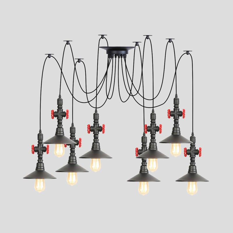 Iron Black Multi Light Chandelier Saucer 2/3/6 Heads Antiqued Swag Ceiling Pendant Lamp with Valve Decor Clearhalo 'Art Deco Pendants' 'Black' 'Cast Iron' 'Ceiling Lights' 'Ceramic' 'Crystal' 'Industrial Pendants' 'Industrial' 'Metal' 'Middle Century Pendants' 'Pendant Lights' 'Pendants' 'Rustic Pendants' 'Tiffany' Lighting' 753928