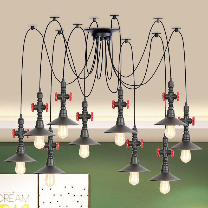 Iron Black Multi Light Chandelier Saucer 2/3/6 Heads Antiqued Swag Ceiling Pendant Lamp with Valve Decor 10 Black Clearhalo 'Art Deco Pendants' 'Black' 'Cast Iron' 'Ceiling Lights' 'Ceramic' 'Crystal' 'Industrial Pendants' 'Industrial' 'Metal' 'Middle Century Pendants' 'Pendant Lights' 'Pendants' 'Rustic Pendants' 'Tiffany' Lighting' 753930