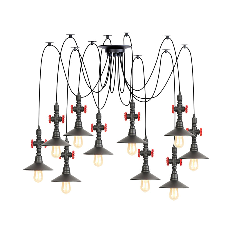 Iron Black Multi Light Chandelier Saucer 2/3/6 Heads Antiqued Swag Ceiling Pendant Lamp with Valve Decor Clearhalo 'Art Deco Pendants' 'Black' 'Cast Iron' 'Ceiling Lights' 'Ceramic' 'Crystal' 'Industrial Pendants' 'Industrial' 'Metal' 'Middle Century Pendants' 'Pendant Lights' 'Pendants' 'Rustic Pendants' 'Tiffany' Lighting' 753932