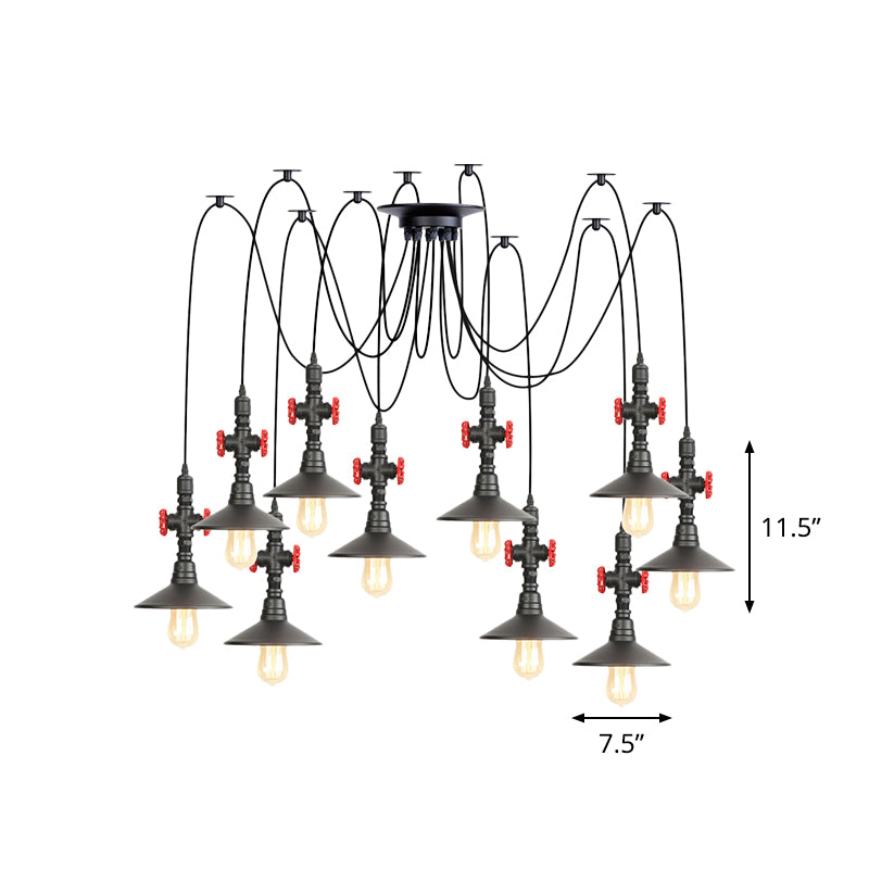 Iron Black Multi Light Chandelier Saucer 2/3/6 Heads Antiqued Swag Ceiling Pendant Lamp with Valve Decor Clearhalo 'Art Deco Pendants' 'Black' 'Cast Iron' 'Ceiling Lights' 'Ceramic' 'Crystal' 'Industrial Pendants' 'Industrial' 'Metal' 'Middle Century Pendants' 'Pendant Lights' 'Pendants' 'Rustic Pendants' 'Tiffany' Lighting' 753934