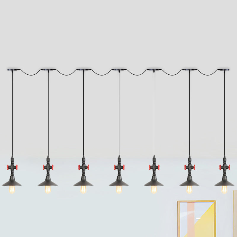 Saucer Iron Tandem Hanging Lighting Industrial 3/5/7-Bulb Restaurant Multi Pendant Lamp in Black 7 Black Clearhalo 'Art Deco Pendants' 'Black' 'Cast Iron' 'Ceiling Lights' 'Ceramic' 'Crystal' 'Industrial Pendants' 'Industrial' 'Metal' 'Middle Century Pendants' 'Pendant Lights' 'Pendants' 'Rustic Pendants' 'Tiffany' Lighting' 753944