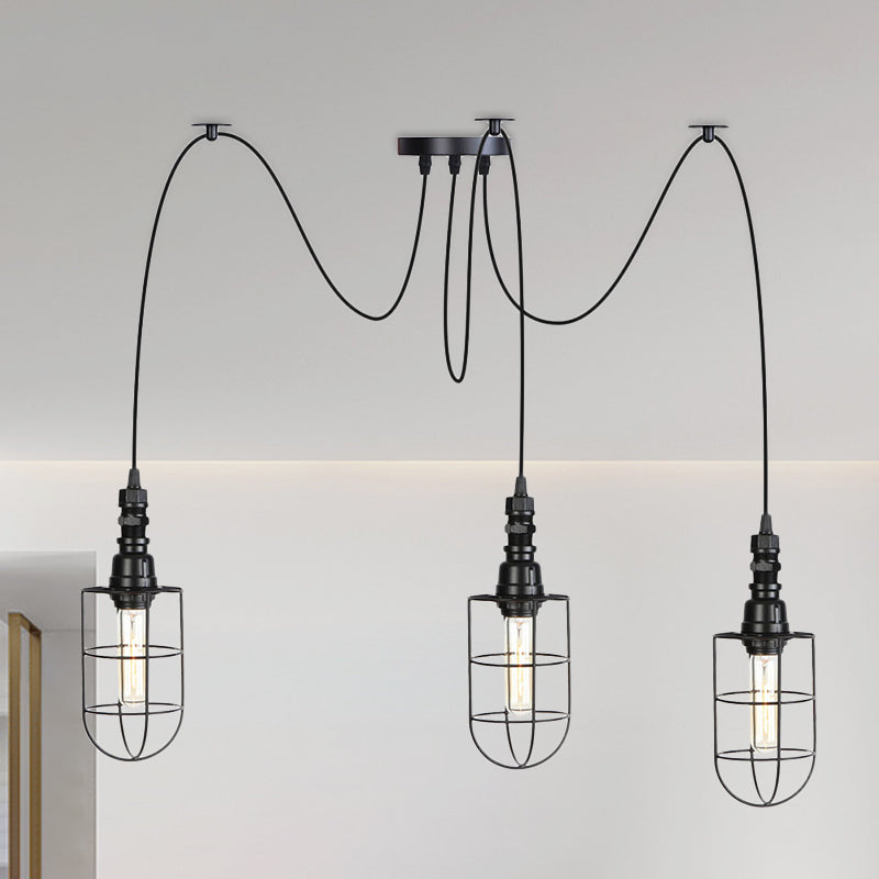 2/3/6 Bulbs Swag Pendant Lighting Antiqued Caged Iron Mini Multiple Hanging Lamp in Black 3 Black Clearhalo 'Art Deco Pendants' 'Black' 'Cast Iron' 'Ceiling Lights' 'Ceramic' 'Crystal' 'Industrial Pendants' 'Industrial' 'Metal' 'Middle Century Pendants' 'Pendant Lights' 'Pendants' 'Rustic Pendants' 'Tiffany' Lighting' 753953