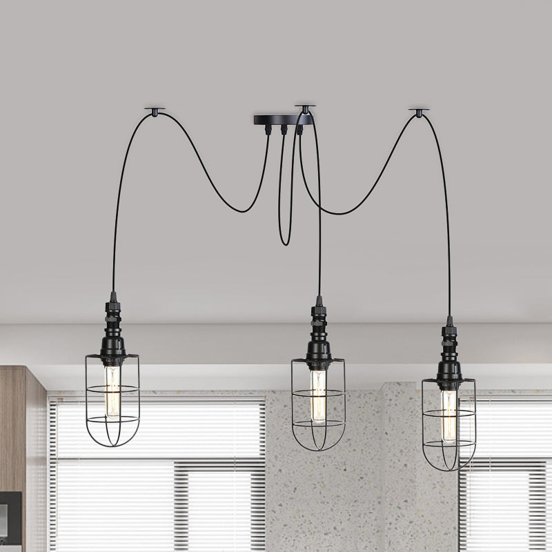 2/3/6 Bulbs Swag Pendant Lighting Antiqued Caged Iron Mini Multiple Hanging Lamp in Black Clearhalo 'Art Deco Pendants' 'Black' 'Cast Iron' 'Ceiling Lights' 'Ceramic' 'Crystal' 'Industrial Pendants' 'Industrial' 'Metal' 'Middle Century Pendants' 'Pendant Lights' 'Pendants' 'Rustic Pendants' 'Tiffany' Lighting' 753954