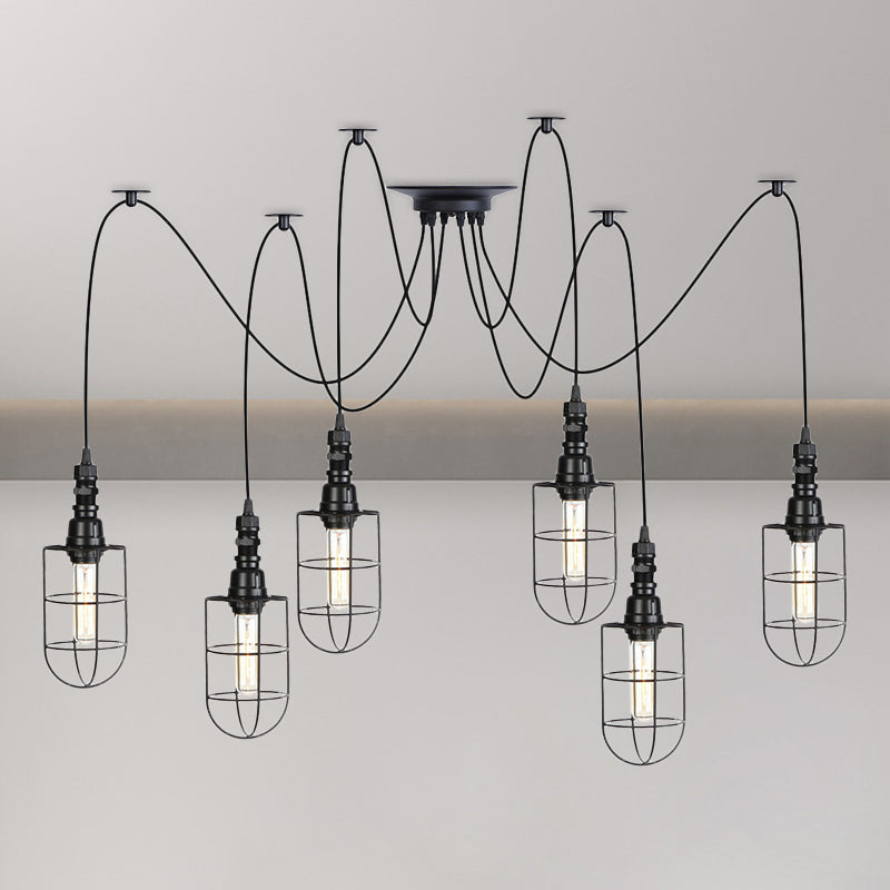 2/3/6 Bulbs Swag Pendant Lighting Antiqued Caged Iron Mini Multiple Hanging Lamp in Black 6 Black Clearhalo 'Art Deco Pendants' 'Black' 'Cast Iron' 'Ceiling Lights' 'Ceramic' 'Crystal' 'Industrial Pendants' 'Industrial' 'Metal' 'Middle Century Pendants' 'Pendant Lights' 'Pendants' 'Rustic Pendants' 'Tiffany' Lighting' 753958