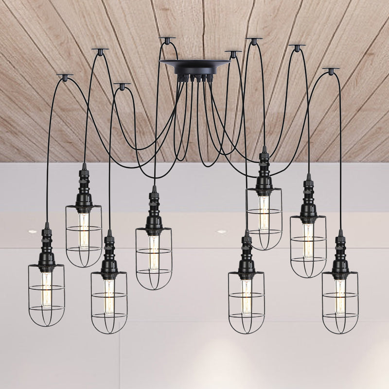 2/3/6 Bulbs Swag Pendant Lighting Antiqued Caged Iron Mini Multiple Hanging Lamp in Black 8 Black Clearhalo 'Art Deco Pendants' 'Black' 'Cast Iron' 'Ceiling Lights' 'Ceramic' 'Crystal' 'Industrial Pendants' 'Industrial' 'Metal' 'Middle Century Pendants' 'Pendant Lights' 'Pendants' 'Rustic Pendants' 'Tiffany' Lighting' 753963