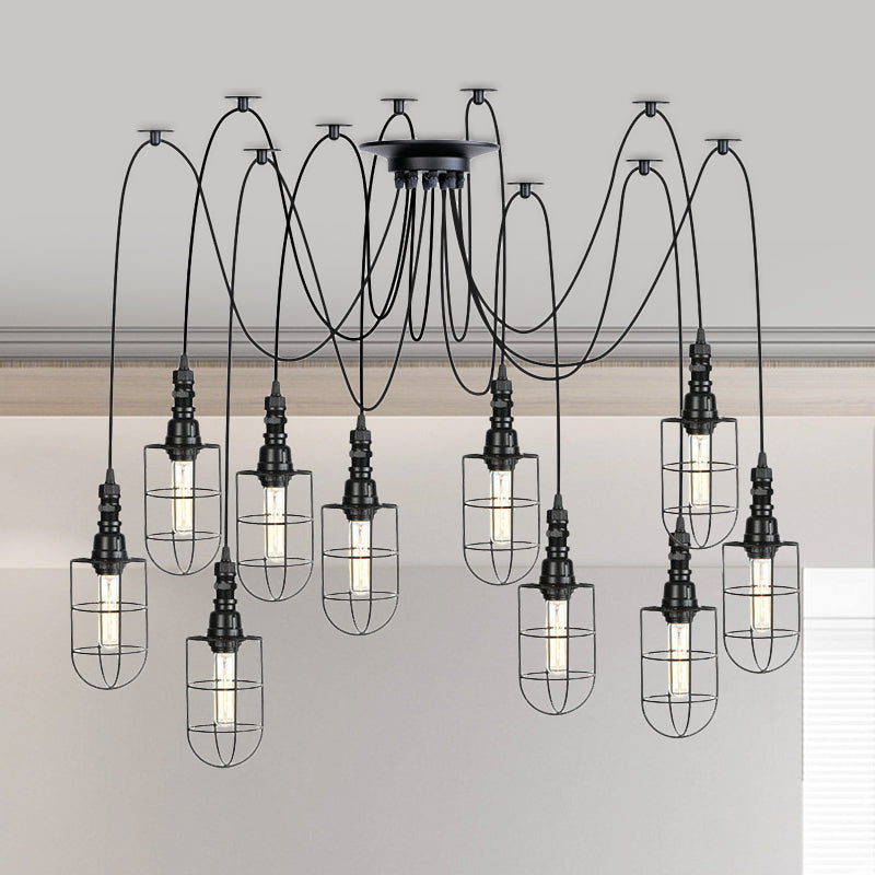 2/3/6 Bulbs Swag Pendant Lighting Antiqued Caged Iron Mini Multiple Hanging Lamp in Black 10 Black Clearhalo 'Art Deco Pendants' 'Black' 'Cast Iron' 'Ceiling Lights' 'Ceramic' 'Crystal' 'Industrial Pendants' 'Industrial' 'Metal' 'Middle Century Pendants' 'Pendant Lights' 'Pendants' 'Rustic Pendants' 'Tiffany' Lighting' 753968