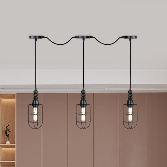 3/5/7-Head Iron Tandem Multi Ceiling Light Rustic Black Finish Wire Cage Restaurant Pendulum Lamp 3 Black