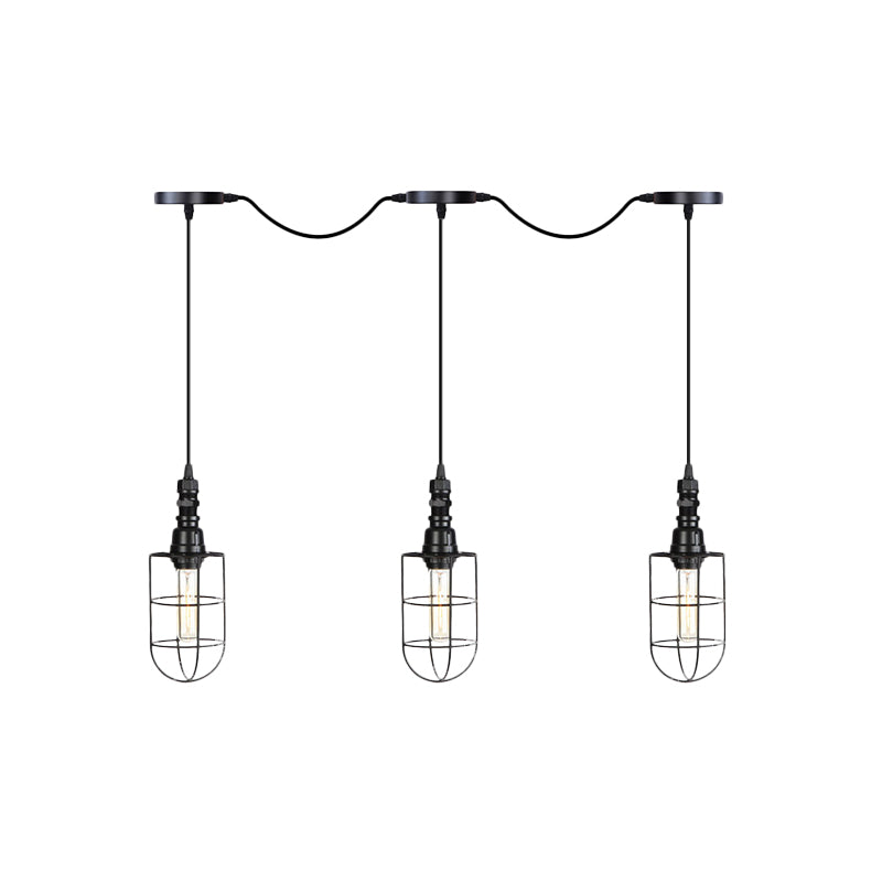 3/5/7-Head Iron Tandem Multi Ceiling Light Rustic Black Finish Wire Cage Restaurant Pendulum Lamp Clearhalo 'Art Deco Pendants' 'Black' 'Cast Iron' 'Ceiling Lights' 'Ceramic' 'Crystal' 'Industrial Pendants' 'Industrial' 'Metal' 'Middle Century Pendants' 'Pendant Lights' 'Pendants' 'Rustic Pendants' 'Tiffany' Lighting' 753974
