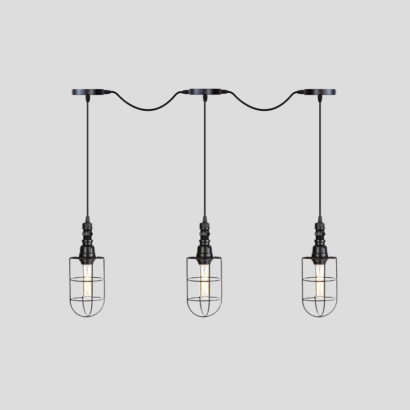 3/5/7-Head Iron Tandem Multi Ceiling Light Rustic Black Finish Wire Cage Restaurant Pendulum Lamp Clearhalo 'Art Deco Pendants' 'Black' 'Cast Iron' 'Ceiling Lights' 'Ceramic' 'Crystal' 'Industrial Pendants' 'Industrial' 'Metal' 'Middle Century Pendants' 'Pendant Lights' 'Pendants' 'Rustic Pendants' 'Tiffany' Lighting' 753975