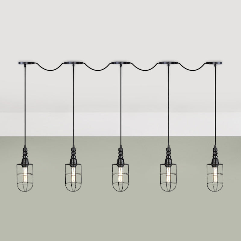 3/5/7-Head Iron Tandem Multi Ceiling Light Rustic Black Finish Wire Cage Restaurant Pendulum Lamp 5 Black Clearhalo 'Art Deco Pendants' 'Black' 'Cast Iron' 'Ceiling Lights' 'Ceramic' 'Crystal' 'Industrial Pendants' 'Industrial' 'Metal' 'Middle Century Pendants' 'Pendant Lights' 'Pendants' 'Rustic Pendants' 'Tiffany' Lighting' 753977