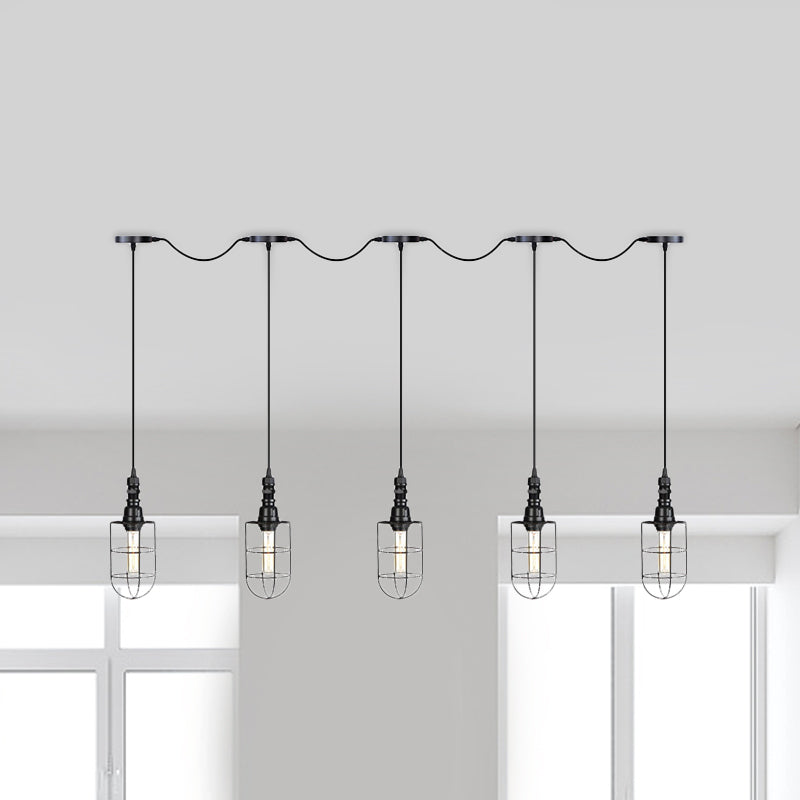 3/5/7-Head Iron Tandem Multi Ceiling Light Rustic Black Finish Wire Cage Restaurant Pendulum Lamp Clearhalo 'Art Deco Pendants' 'Black' 'Cast Iron' 'Ceiling Lights' 'Ceramic' 'Crystal' 'Industrial Pendants' 'Industrial' 'Metal' 'Middle Century Pendants' 'Pendant Lights' 'Pendants' 'Rustic Pendants' 'Tiffany' Lighting' 753978
