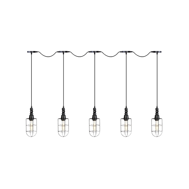 3/5/7-Head Iron Tandem Multi Ceiling Light Rustic Black Finish Wire Cage Restaurant Pendulum Lamp Clearhalo 'Art Deco Pendants' 'Black' 'Cast Iron' 'Ceiling Lights' 'Ceramic' 'Crystal' 'Industrial Pendants' 'Industrial' 'Metal' 'Middle Century Pendants' 'Pendant Lights' 'Pendants' 'Rustic Pendants' 'Tiffany' Lighting' 753979
