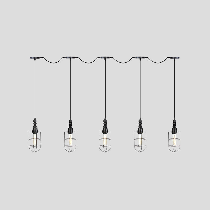 3/5/7-Head Iron Tandem Multi Ceiling Light Rustic Black Finish Wire Cage Restaurant Pendulum Lamp Clearhalo 'Art Deco Pendants' 'Black' 'Cast Iron' 'Ceiling Lights' 'Ceramic' 'Crystal' 'Industrial Pendants' 'Industrial' 'Metal' 'Middle Century Pendants' 'Pendant Lights' 'Pendants' 'Rustic Pendants' 'Tiffany' Lighting' 753980