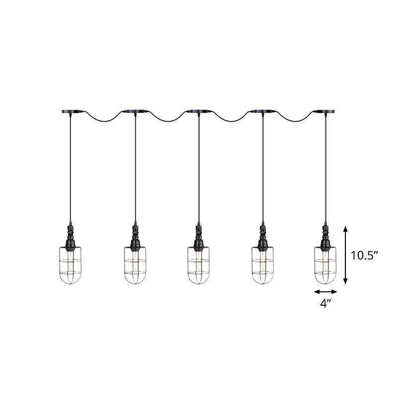 3/5/7-Head Iron Tandem Multi Ceiling Light Rustic Black Finish Wire Cage Restaurant Pendulum Lamp Clearhalo 'Art Deco Pendants' 'Black' 'Cast Iron' 'Ceiling Lights' 'Ceramic' 'Crystal' 'Industrial Pendants' 'Industrial' 'Metal' 'Middle Century Pendants' 'Pendant Lights' 'Pendants' 'Rustic Pendants' 'Tiffany' Lighting' 753981